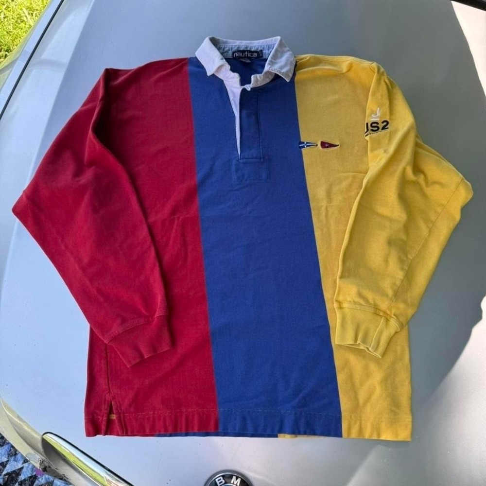 Nautica US2 USA navy and yellow long sleeve polo shirt rugby polo VTG PREPPY - Picture 5 of 8